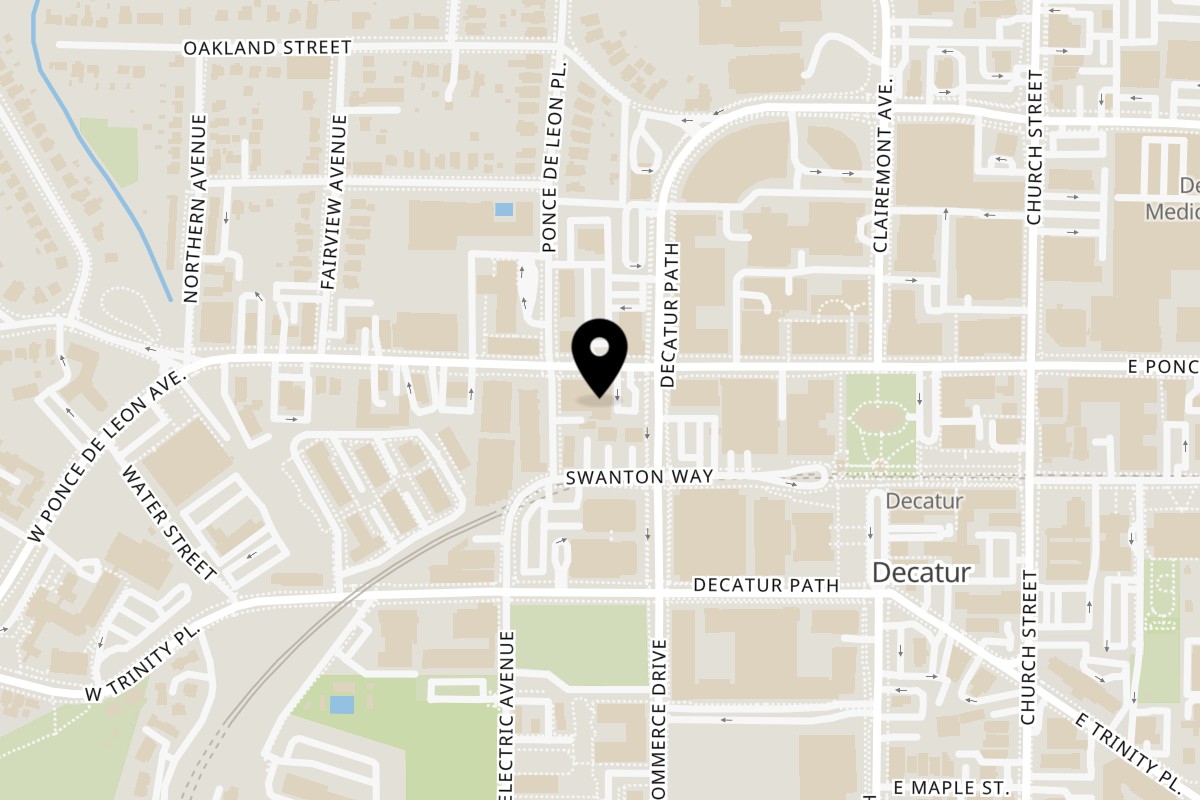 Map showing the location of Bench Warmers Sports Grill Decatur on 240 W Ponce de Leon Ave in Decatur